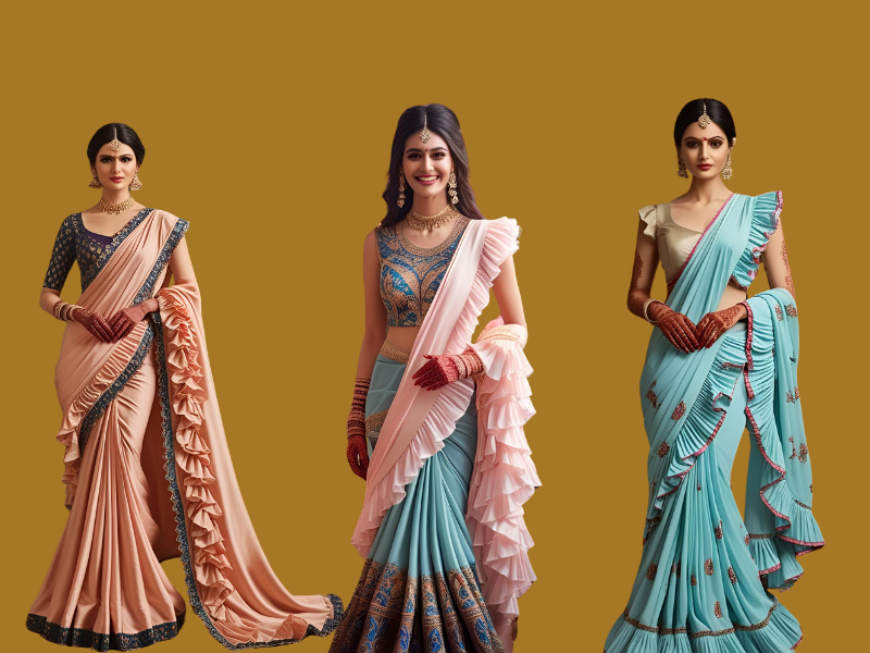 Fusion Sarees and Ruffle Drapes Mehndi outfits For Bridesmaids likes